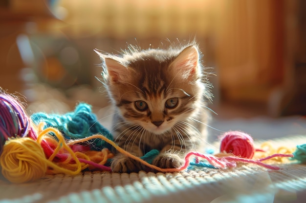 Fluffy kitten happily playing with vibrant yarn on cozy sunlit floor