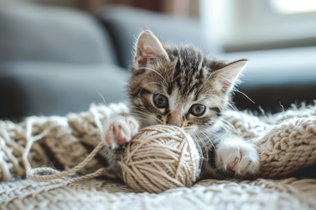 A fluffy kitten perches on a blanket with a ball of yarn beside it showcasing a moment of playful tranquility A curious kitten playing with a ball of yarn AI generated