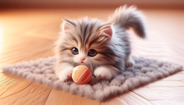 Fluffy Kitten Playing with a toy ball 3D Rendered Cozy Scene