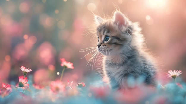 Fluffy kitten soft focus pastel background serene front shot Generative AI