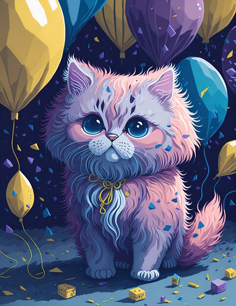 A fluffy kitten surrounded by colorful balloons and confetti digital painting illustration