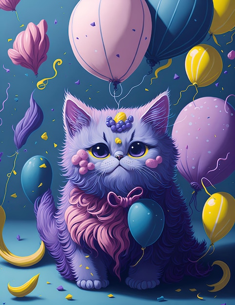 A fluffy kitten surrounded by colorful balloons and confetti digital painting illustration