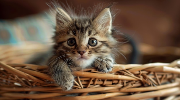 Photo fluffy kitten in wicker basket