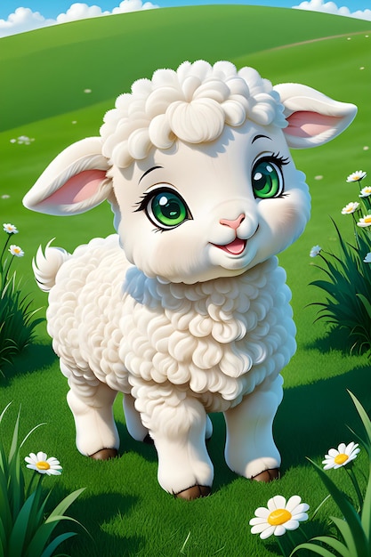 A fluffy lamb in a green pasture