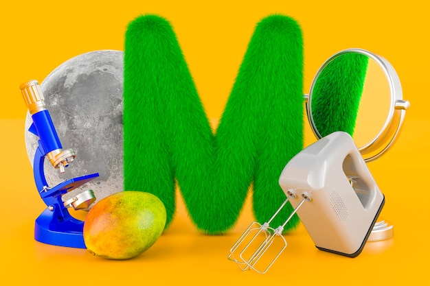 Fluffy letter M with moon microscope mirror mixer mango Kids ABC 3D rendering