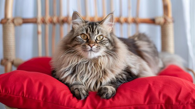 Fluffy Maine Coon Cat Relaxing on Red Cushion in Cozy Home Setting