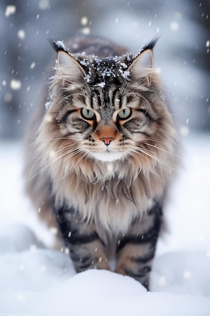 A fluffy Maine Coon Cat in the snow