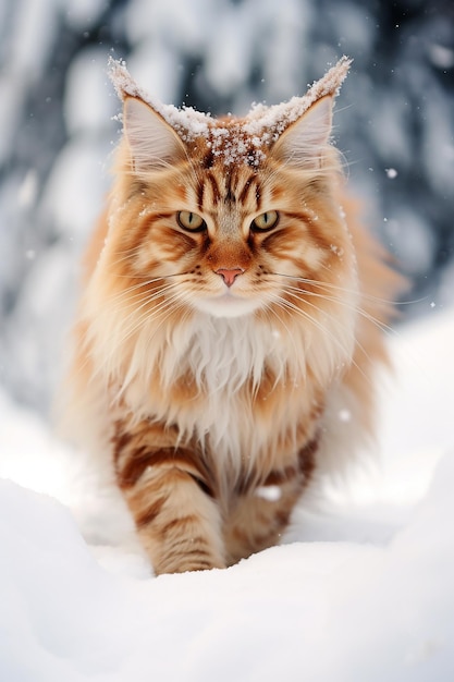 A fluffy Maine Coon Cat in the snow