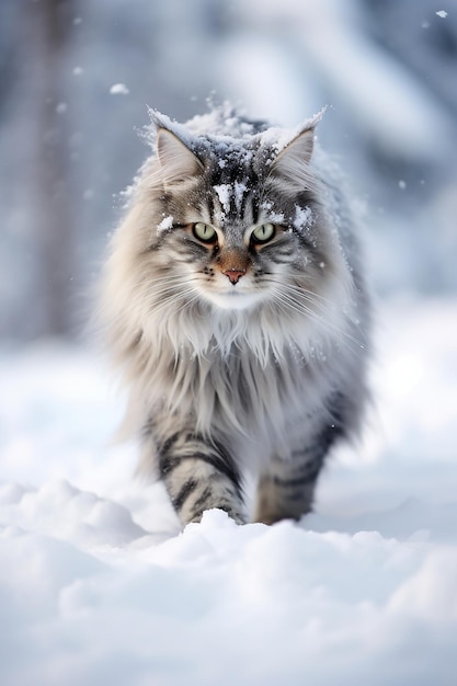 A fluffy Maine Coon Cat in the snow