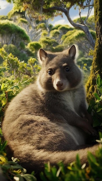 Fluffy marsupial looking at camera in wilderness generated by