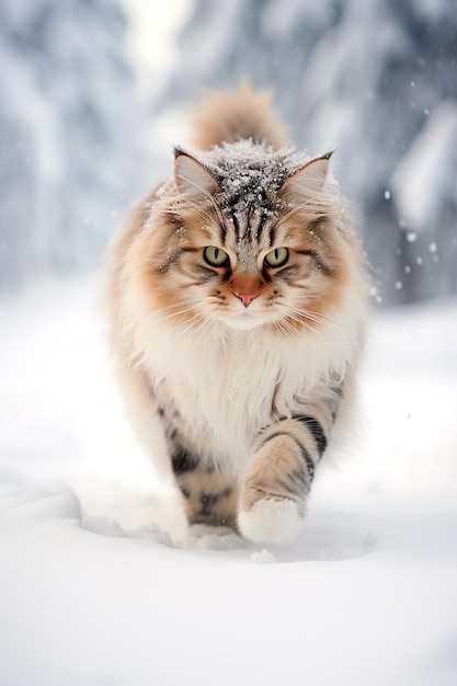 A fluffy Norwegian Forest Cat in the snow