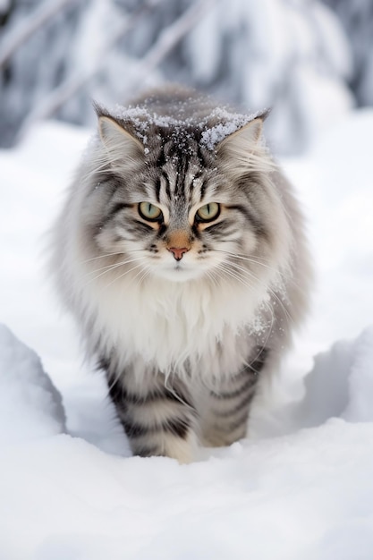 A fluffy Norwegian Forest Cat in the snow