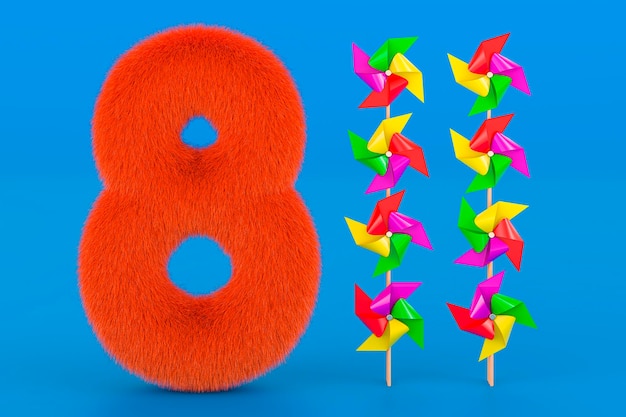 Fluffy number 8 with eight pinwheels 3D rendering