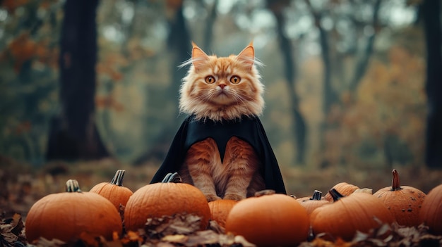 Photo a fluffy orange cat dressed as a vampire with a tiny cape sitting on a pile of pumpkins in a spooky forest chaos 6 ar 169 v 61 job id 5920e59401644db495b596c0fe8db6a2