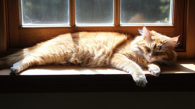 A fluffy orange cat peacefully sleeping on a windowsill basking in sunlight