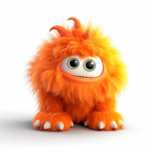 A fluffy orange monster with green eyes is sitting on a white background.