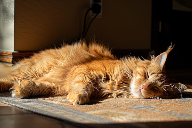 Photo a fluffy orange tabby cat sleeps peacefully in a sunbeam on a rug a fluffy orange tabby lounging in a sunbeam