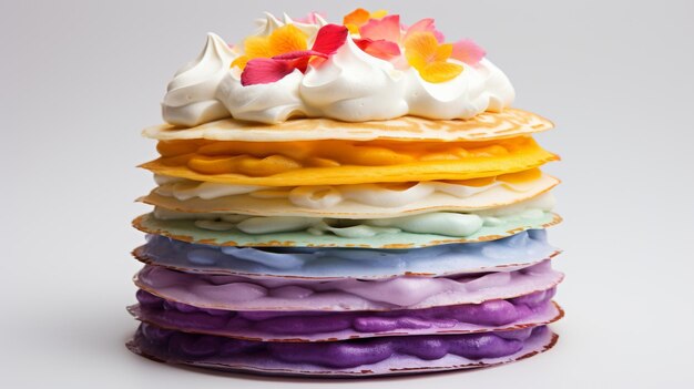 Fluffy Pancake Tower Adorned With Whipped Cream and Delicate Flowers