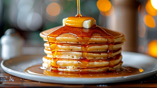 Fluffy pancakes drizzled with warm syrup in a cozy breakfast setting during morning light