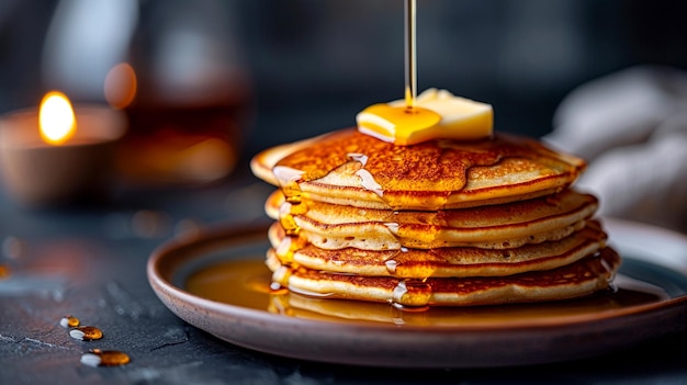 Fluffy pancakes topped with butter and syrup set on a rustic table with warm lighting