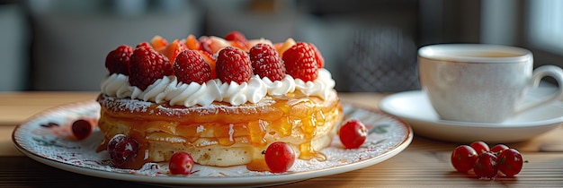 fluffy pancakes with fresh fruit and whipped cream