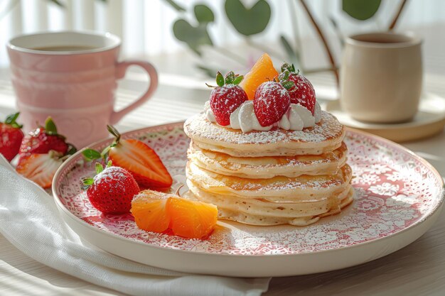 fluffy pancakes with fresh fruit and whipped cream