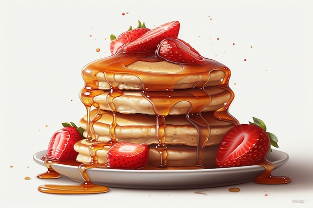 Fluffy pancakes with juicy strawberries isolated white object