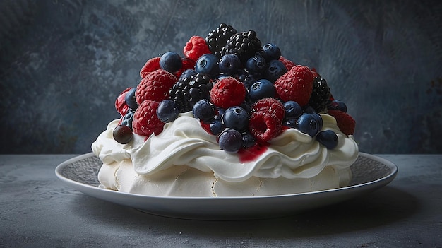 A fluffy Pavlova is served on a delicate china plate