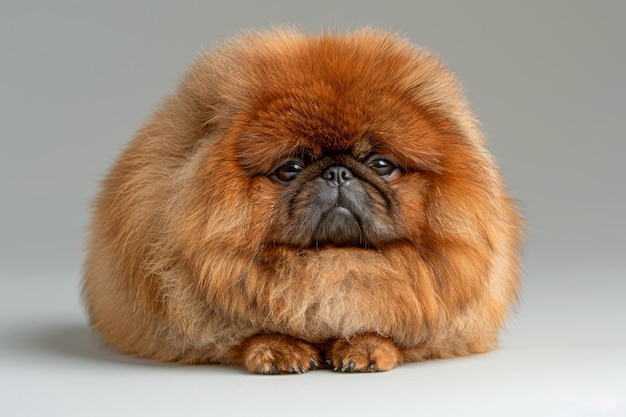 Fluffy Pekingese Dog Portrait with Lush Brown Fur on a Neutral Grey Background