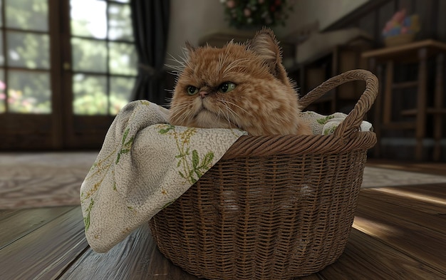 Photo a fluffy persian cat lounging comfortably in a cozy wicker basket with a decorative cloth at home during the afternoon