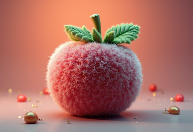 A fluffy pink apple with green leaves sits on a peachcolored surface