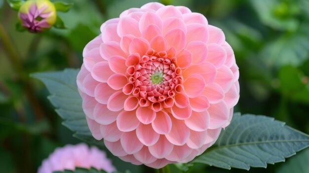 Photo fluffy pink pompon dahlia blooming in a vibrant garden