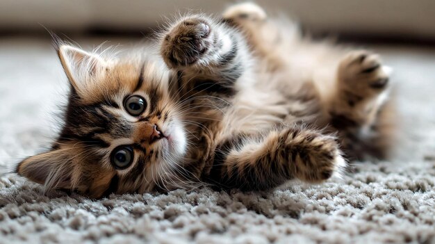 Photo fluffy playful kitten relaxing on soft carpet with paws up inviting and adorable vibes