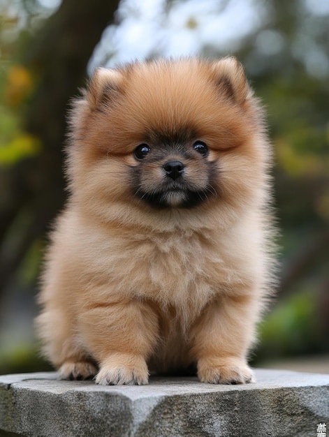 Photo a fluffy pomeranian puppy with big brown eyes sits on a stone looking directly at the camera w