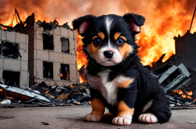 Fluffy puppy on background of ruined city after war Generative AI