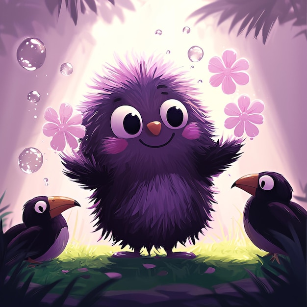 Fluffy Purple Creature with Birds in a Dreamy Forest