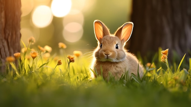 Fluffy rabbit sitting on green grass