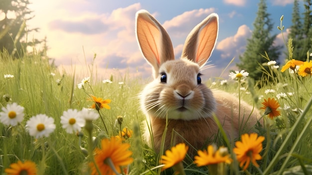 Fluffy rabbit sitting on green grass