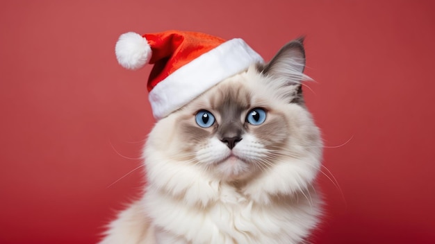 Fluffy ragdoll cat with blue eyes wearing a Santa hat on an orange background perfect for holidays