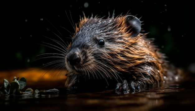 Fluffy rat wet fur reflects tranquil pond generative AI