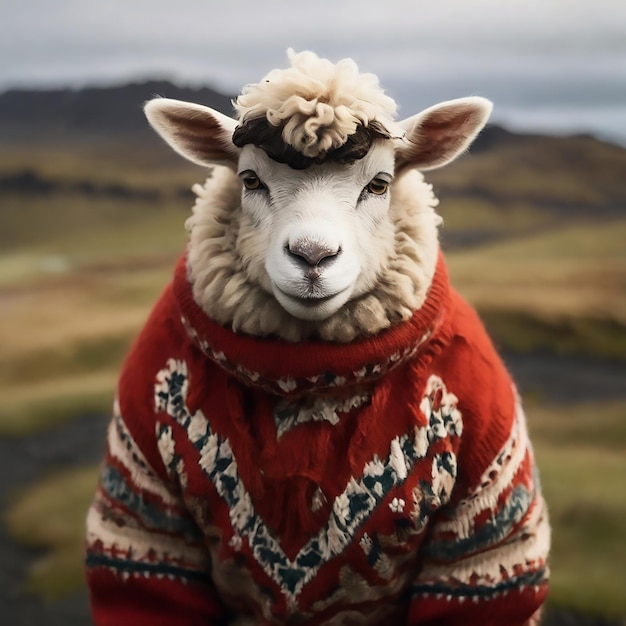 Fluffy sheep in traditional Icelandic sweater