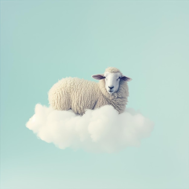 Photo a fluffy sheep with a dreamy expression standing on a cloud against a pale blue background symbolizing peace and serenity stylize 50 v 6 job id 51a3f1b46ee14a4495044fd0c392a6ef