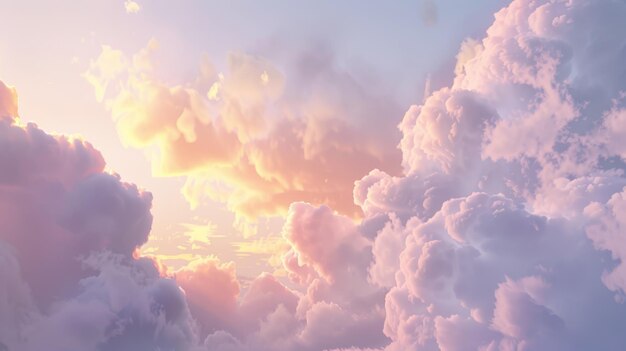 Fluffy soft clouds bathed in the warm golden light of a setting sun paint a dreamlike sky full of pastel hues and tranquil beauty