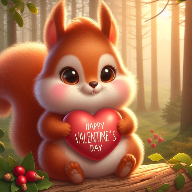 A fluffy squirrel with rosy cheeks holds a heartshaped and wishes you a Happy Valentines Day