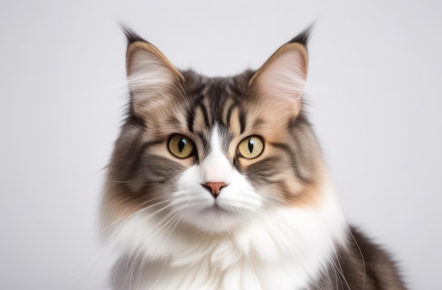 Fluffy tabby cat on a white background