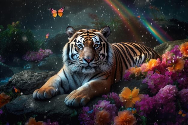 Fluffy tiger rests under rainbow of flowers surrounded by beauty generative IA