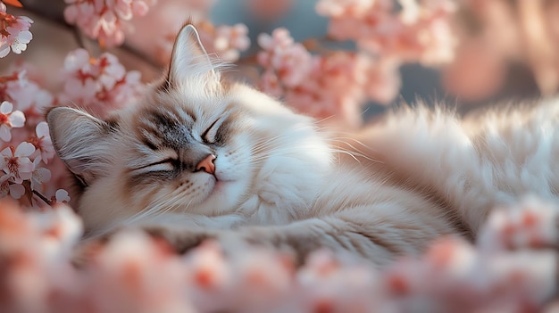 Photo a fluffy white cat sleeps peacefully amongst pink cherry blossoms in spring