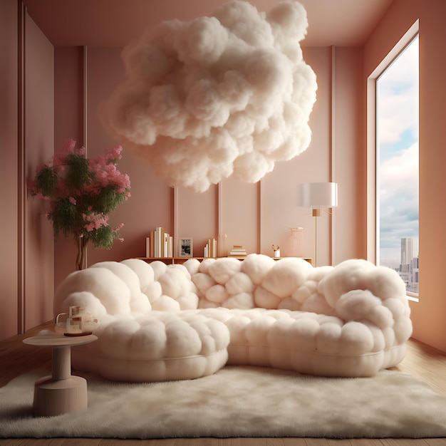 Photo a fluffy white cloud sofa floats in a pink room with a fluffy white rug a pink plant a table and a lamp