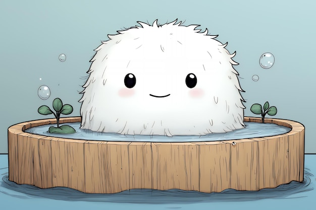 Fluffy White Creature Taking a Bath in a Wooden Tub