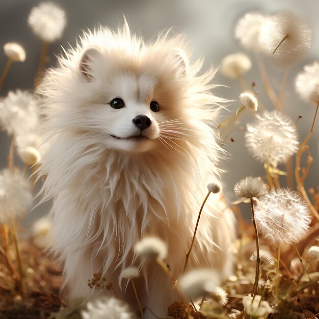 a fluffy white dog with a fluffy nose sits in a field of dandelions